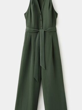 Mango Sleeveless V-Neck Belted Jumpsuit in Dark Green, Small